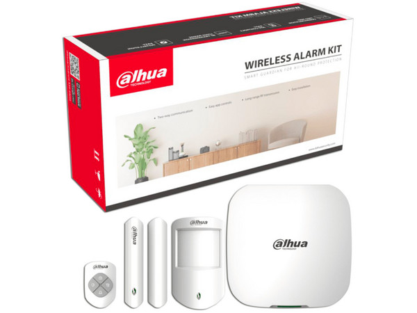 Kit de alarma inalámbrico Dahua ART-ARC3000H-03-W2, con conexión Wi-Fi y Ethernet, monitoreo por app, incluye botón de pánico de dos botones.