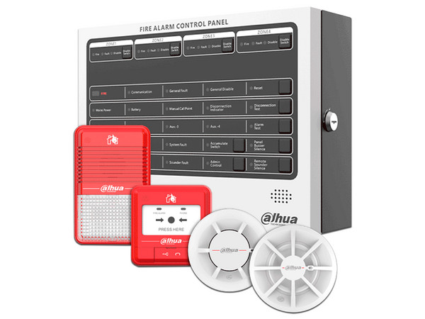 Kit de Alarma Dahua Wisualarm, Incluye Panel Convencional de 4 Zonas, Detector de Humo, Detector de Calor, Sirena Estroboscópica.