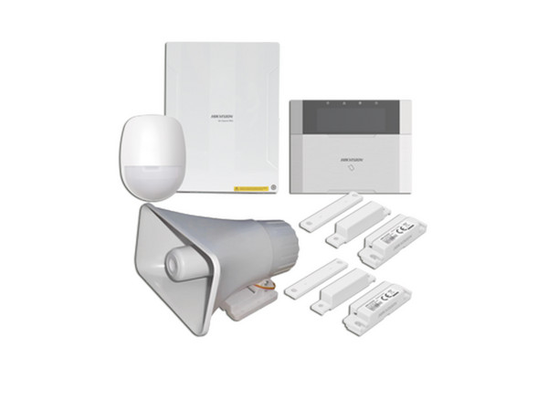 Kit de Panel de Alarma Hikvsion DS-PHA64-LP/PACK(30W), Incluye 1 Panel Híbrido, 1 Teclado LCD, 1 Pir, 2 Contactos Magnéticos y 1 Sirena de 30W, Color Blanco.