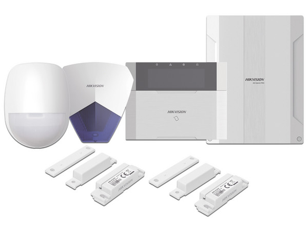Kit de Panel de Alarma Hikvision AX HYBRID PRO de 64 Zonas, Incluye 1 Panel Híbrido, 1 Monitor LCD, 1 Sensor de Movimiento PIR, 2 Contactos Magnéticos y 1 Sirena Azul.