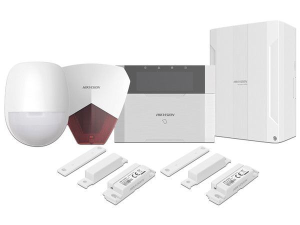 Kit de Panel de Alarma Hikvision DS-PHA64-LP/PACK(R), Incluye 1 Panel Híbrido, 1 Monitor LCD con Teclado, 1 Sensor PIR, 2 Contactos Magnéticos, 1 Sirena Roja.