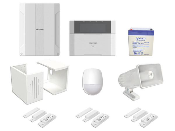 Kit de Panel de Alarma AX HYBRID PRO incluye: 1 Panel Híbrido / 1 Monitor LCD / 2 PIR / 3 Contactos Magnéticos / 1 Sirena / 1 Gabinete para Sirena / 1 Batería 12 vcc 4.5 Amp.