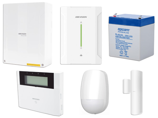 Kit de Panel de Alarma Hikvision HYBRID PRO, 1 Panel Híbrido, 1 Monitor LCD, 2 Contactos Magnéticos Inalámbricos, 1 PIR Inalámbrico, 1 Batería de 12vcc, 4.5 Amp.