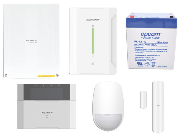 Kit de Panel de Alarma Hikvision HYBRID PRO, 1 Panel Híbrido, 1 Monitor LCD, 2 Contactos Magnéticos Inalámbricos, 1 PIR Inalámbrico, 1 Batería de 12vcc, 4.5 Amp.