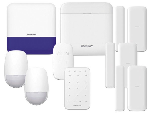Kit de Alarma Hikvision AX Pro, Incluye 1 Panel de Alarma Inalámbrico de 48 Zonas, Wi-Fi y Ethernet, 2 Sensores PIR hasta 15m, 3 Contactos Magnéticos, 1 Sirena Inalámbrica Exterior, 1 Control Remoto y 1 Teclado Inalámbrico para Armado y Desarmado.