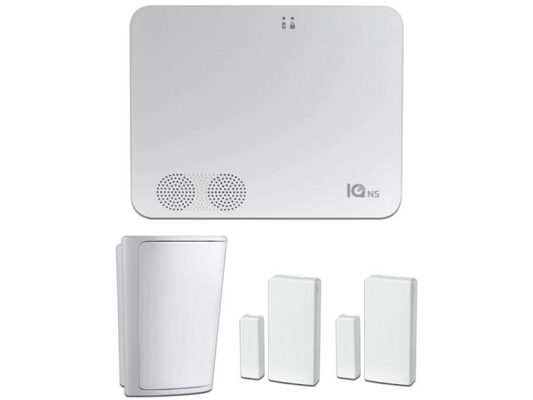 Kit de Sistema de Alarma Qolsys IQNS PACK, Incluye Panel IQ 4 NS, 1 sensor PIR inalámbrico PG9914, 2 Sensores Magnéticos PG9303, Color Blanco.