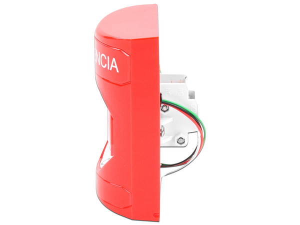 Botón de Emergencia STI, texto en español, color rojo, con LED Multicolor.