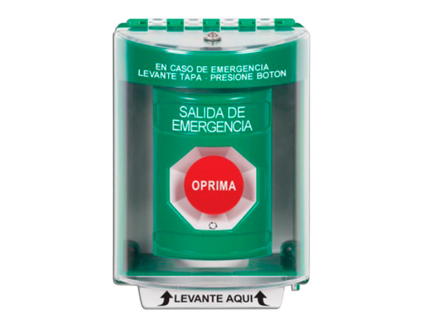 Botón de Salida de Emergencia STI SS2-181-EX-ES, Activación de Acción Mantenida, Con Bocina de Advertencia, Texto de Salida de Emergencia Grabado, Color Verde.