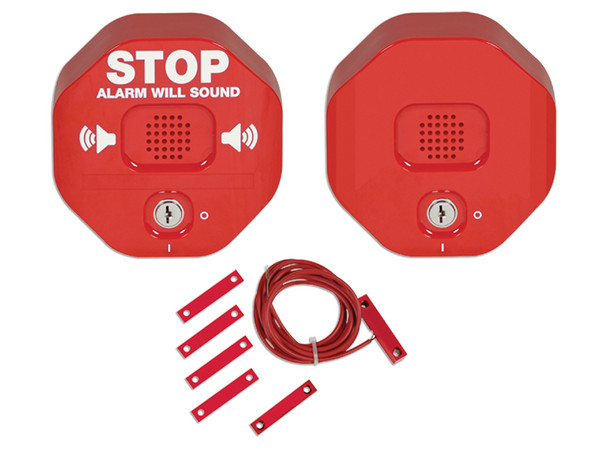 Alarma de puerta STI-6404 Exit Stopper para puerta doble con sirena remota de 105dB. Color Rojo