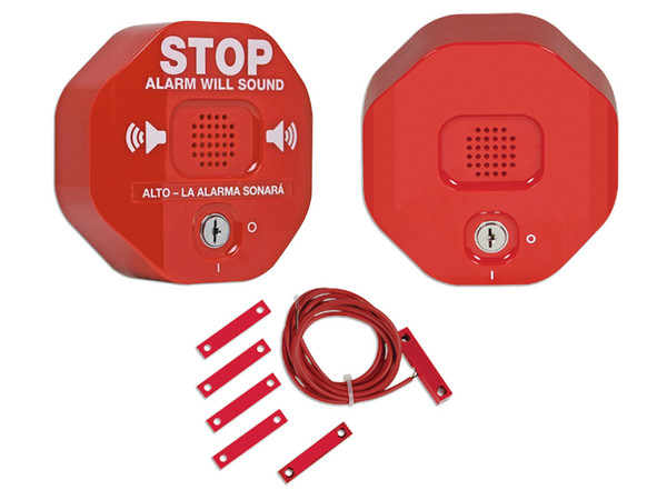 Alarma de puerta STI-6404 Exit Stopper para puerta doble con sirena remota de 105dB. Color Rojo