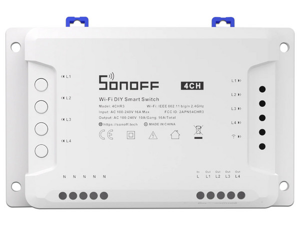 Interruptor Sonoff 4CH R3 Smart Inalámbrico WiFi, Control On/Off, 4 Canales, Temporizador, Montaje Din Rail, 10A por Canal, 16A Totales.