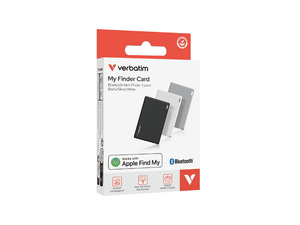 Localizador Tarjeta Bluetooth Verbatim MyFinder personal, Resistente al Polvo y Agua, IP66, compatible con Find My de Apple, Color Negro. Paquete de 3 Piezas, Negro, Plata y Blanco.