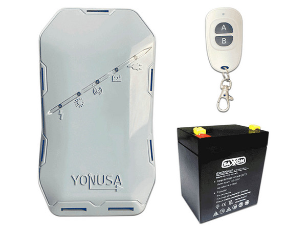 Energizador compacto YONUSA EYHS1BAT, Control inalámbrico 60m, Alto voltaje con alarma, WiFi compatible, Y Batería de respaldo SAXXON CBAT45AH, 12V 45Ah, Libre mantenimiento plomo-ácido.
