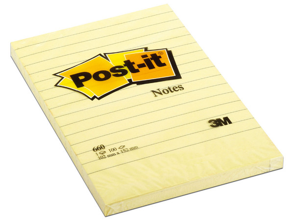 Notas Adhesivas, 3M Post It, Rayado Modelo 660 4x6 100 Hojas C/24, Color Amarillo.