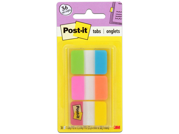 Banderitas Adhesivas 3M Rígidas, Colores Brillantes, Tamaño 2.5 x 3.8 cm. Paquete con 36 Tabs. Adhesivo Desmontable.
