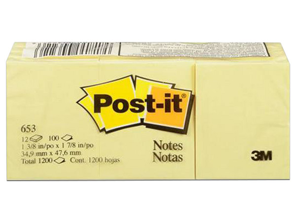 Notas Adhesivas 3M, Color Amarillo, paquete con 100 hojas.