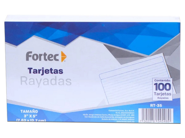 Tarjeta Índice Fortec RT-35, Rayadas, 7.62cm x 12.7 cm, Paquete con 100 Piezas. Color Blancas.