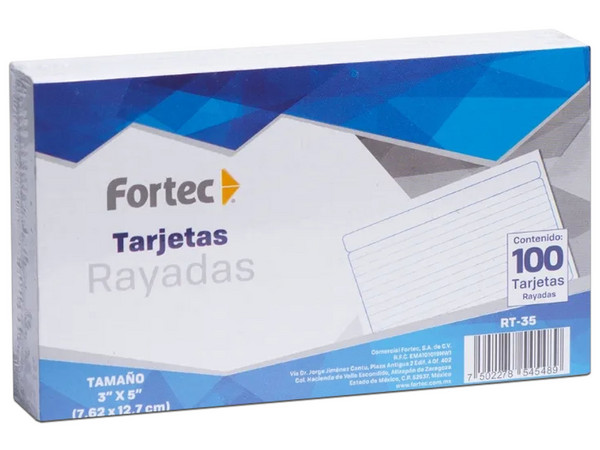 Tarjeta Índice Fortec RT-35, Rayadas, 7.62cm x 12.7 cm, Paquete con 100 Piezas. Color Blancas.
