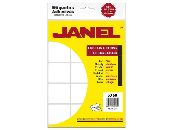 Etiquetas Adhesivas Janel Clásicas Escolar, 50 x 50 mm, 168 Etiquetas.