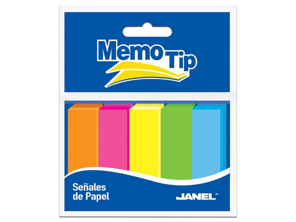 Banderitas Janel Memo Tip 6470504295 de Papel Autoadhesivo, Tamaño 1.5cmx5cm. Colores Neón: Azul, Verde, Naranja, Rosa y Amarillo. Paquete de 50 Bolsas.