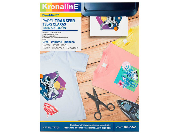 Papel para Transferencia Kronaline TR300, 10 Hojas, Tamaño Carta, Para Tela Clara.