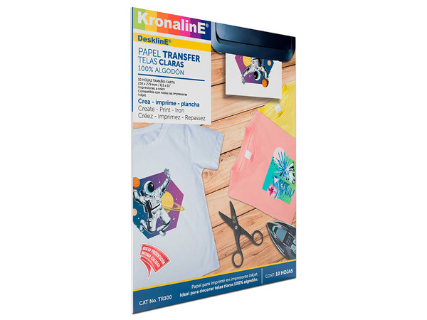 Papel para Transferencia Kronaline TR300, 10 Hojas, Tamaño Carta, Para Tela Clara.