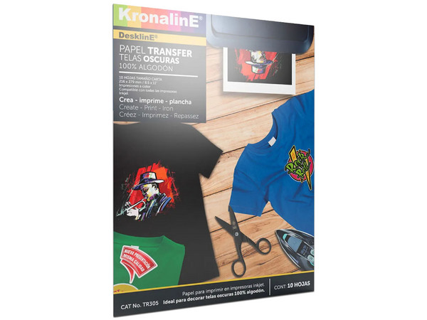 Papel para Transferencia Kronaline TR305, 10 Hojas, Tamaño Carta, Para Tela Oscura.
