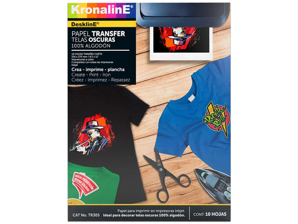 Papel para Transferencia Kronaline TR305, 10 Hojas, Tamaño Carta, Para Tela Oscura.