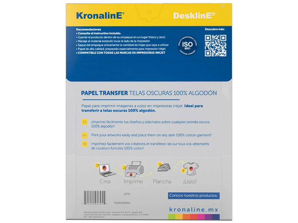 Papel para Transferencia Kronaline TR305, 10 Hojas, Tamaño Carta, Para Tela Oscura.