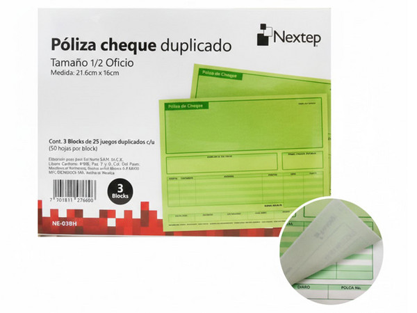 Póliza de Cheque Nextep NE-038H, Tamaño 1/2 oficio, 3 Blocks.
