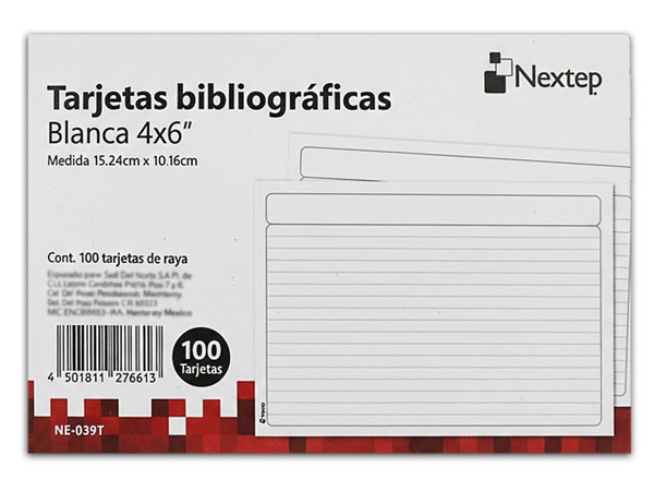 Tarjetas de Estudio Nextep, Ficha Bibliográfica Blanca, Papel liso, Paquete de 100 piezas.