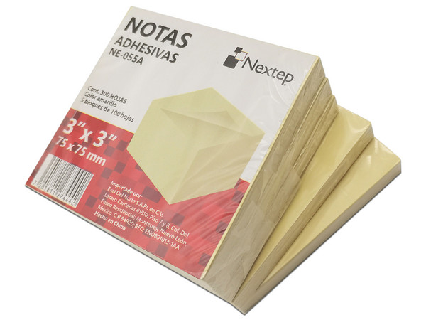 Notas Adhesivas Nextep NE-055A, 5 Bloques 3X3 De 500 Hojas. Color Amarillo