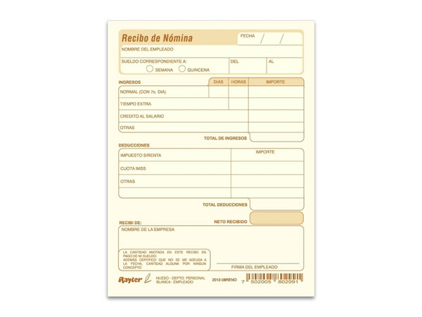 Recibo de Nomina Rayter, Tamaño Carta, Paquete de 25 Juegos (Copia y Original).