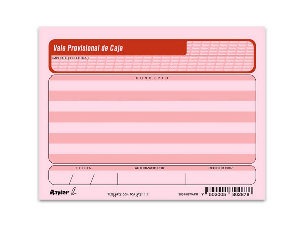 Vale Provisional Rayter, Tamaño de 1/4 de Carta, Bloque de 50 Hojas, Color Rosa.