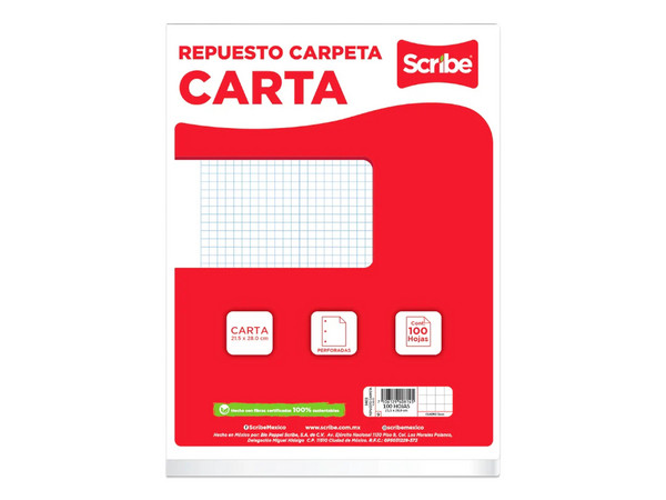 Paquete de Hojas Scribe Tamaño Carta Cuadro Chico (C5), 100 Hojas.