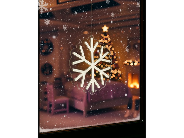 Neón Copo de Nieve Blanco, Luces LED Decorativas (20×20 cm). 
Su luz clara y radiante evoca el invierno y aporta un toque de frescura, ideal para decorar interiores con un ambiente navideño moderno y encantador.