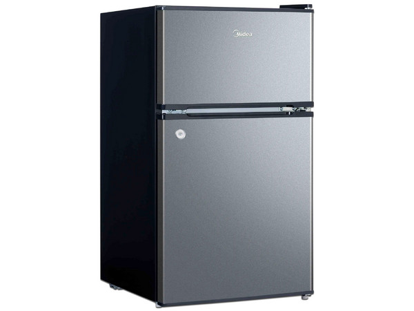 Frigobar Midea MDRT87CCDLS de 3.4 pies cúbicos, Acero inoxidable, Dos Puertas, Con Llave de Seguridad, Color Plata.
