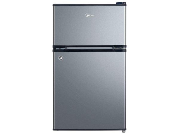 Frigobar Midea MDRT87CCDLS de 3.4 pies cúbicos, Acero inoxidable, Dos Puertas, Con Llave de Seguridad, Color Plata.