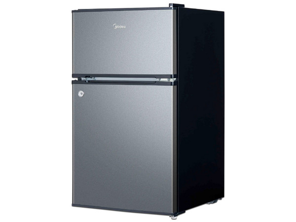 Frigobar Midea MDRT87CCDLS de 3.4 pies cúbicos, Acero inoxidable, Dos Puertas, Con Llave de Seguridad, Color Plata.