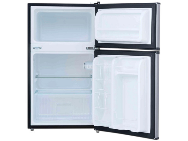 Frigobar Midea MDRT87CCDLS de 3.4 pies cúbicos, Acero inoxidable, Dos Puertas, Con Llave de Seguridad, Color Plata.