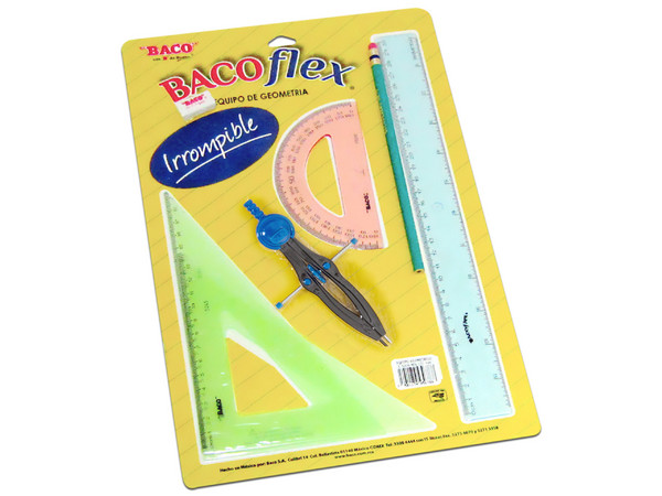 Juego de Geometría Baco EQ009, Flexible, Incluye Escuadra, transportador, regla y compás.