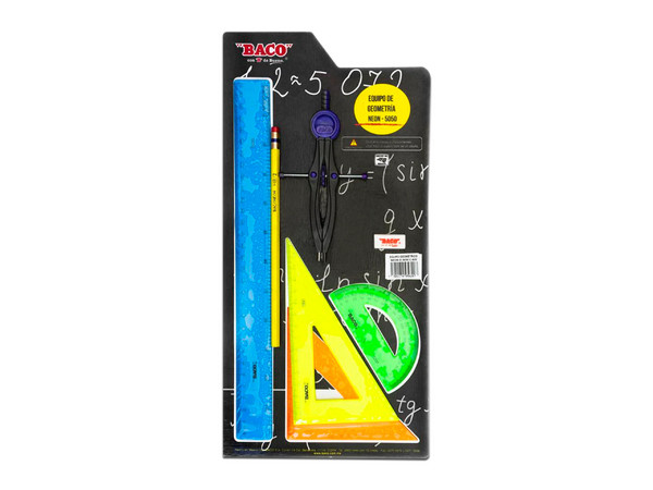 Juego de Geometría Baco neon, Incluye Escuadra, transportador, regla y compás.