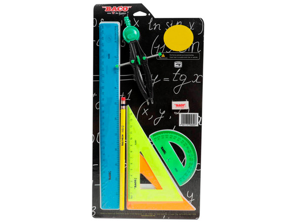Juego de Geometría Baco neon, Incluye Escuadra, transportador, regla y compás.