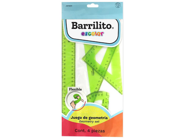 Juego de Geometría Barrilito JGF8804, Regla 30 cm, Escuadras 45° y 30°/60°, Transportador 180°.