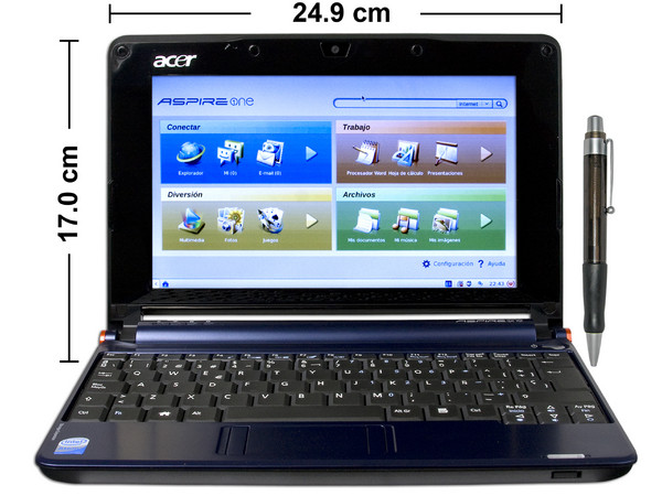 Netbook Acer Aspire One:
Procesador Intel Atom N270 (1.60 GHz),
Memoria de 1GB DDR II,  Almacenamiento Interno 120GB,
Pantalla de 8.9