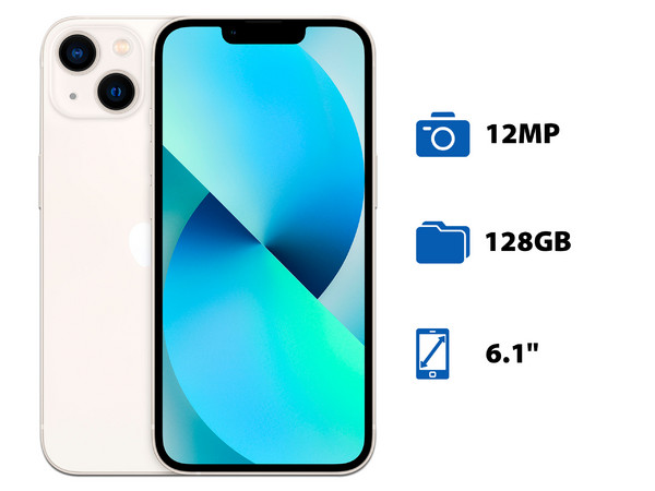 Smartphone Apple iPhone 13:
Procesador Chip Apple A15 Bionic Neural Engine,
Almacenamiento de 128GB,
Pantalla Super Retina XDR de 6.1