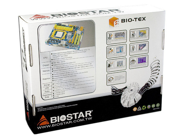 T. Madre Biostar TA780G M2+, ChipSet AMD 780G,
Soporta: Phenom, Athlon 64 X2, Socket AM2+,
Integrado: Video ATI Radeon HD3200, Audio HD, Red, 
Memoria: 4x DDR2 1066Mhz, Max. 16GB,
Diseño mATX, Ptos: 1xPCIE X16, 1xPCI-E X1, 2xPCI
