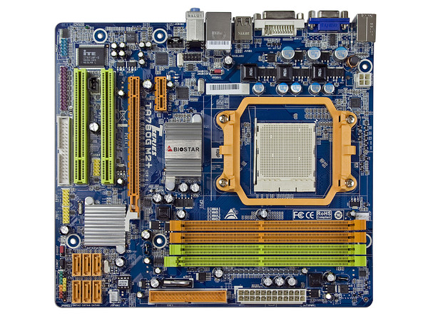 T. Madre Biostar TA780G M2+, ChipSet AMD 780G,
Soporta: Phenom, Athlon 64 X2, Socket AM2+,
Integrado: Video ATI Radeon HD3200, Audio HD, Red, 
Memoria: 4x DDR2 1066Mhz, Max. 16GB,
Diseño mATX, Ptos: 1xPCIE X16, 1xPCI-E X1, 2xPCI
