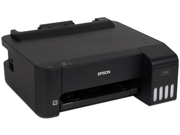 Impresora Color Epson EcoTank L1110 con Sistema de Tanques de Tinta, Resolución hasta 5760 x 1440 dpi, USB. Empaque original desgastado, tinta instalada, producto con desgaste y uso visible.