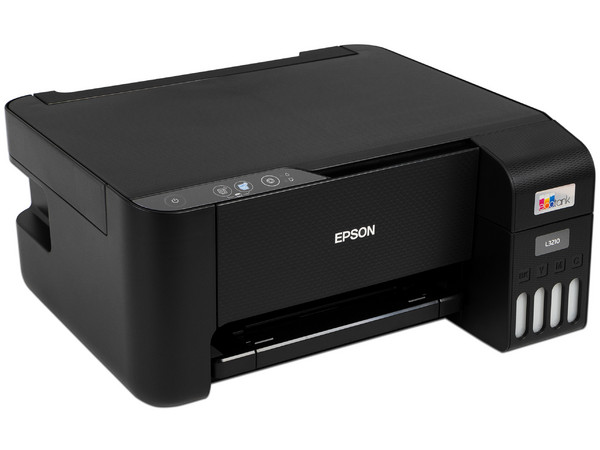 Multifuncional Epson EcoTank L3210, Impresora, Copiadora y Escáner, Sistema de Tanques de Tinta, USB. Empaque original desgastado, tinta instalada, producto con desgaste y uso visible.